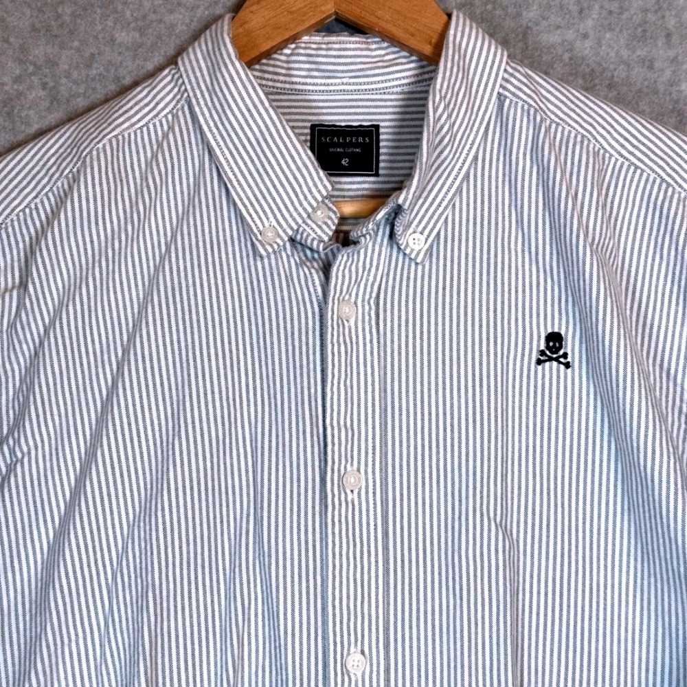 Scalpers Men Blue White Striped Cotton Button Down Oxford Shirt Skull Logo EU 42